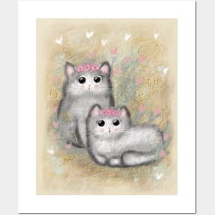 Cute colorful illustrations in retro style. Beautiful fluffy kitties with pink flowers around their head. Posters and Art